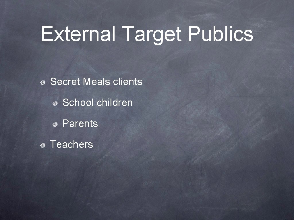 External Target Publics Secret Meals clients School children Parents Teachers 