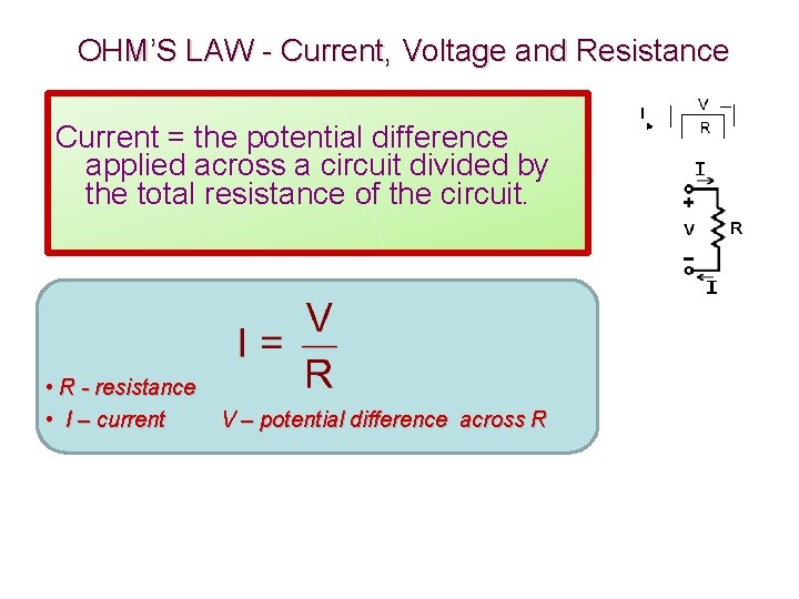 OHM’S LAW - Current, Voltage and Resistance Current = the potential difference applied across