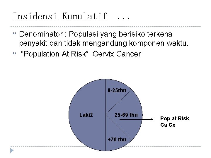 Insidensi Kumulatif . . . Denominator : Populasi yang berisiko terkena penyakit dan tidak