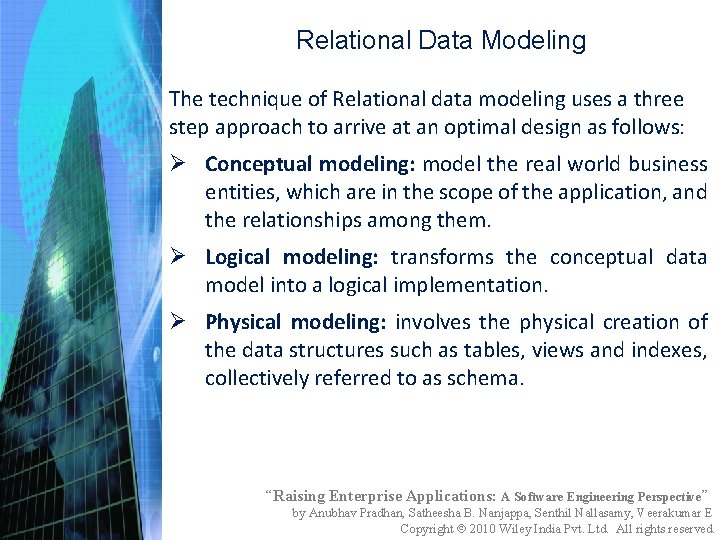 Relational Data Modeling The technique of Relational data modeling uses a three step approach