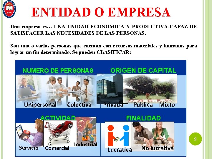 ENTIDAD O EMPRESA Una empresa es… UNA UNIDAD ECONOMICA Y PRODUCTIVA CAPAZ DE SATISFACER