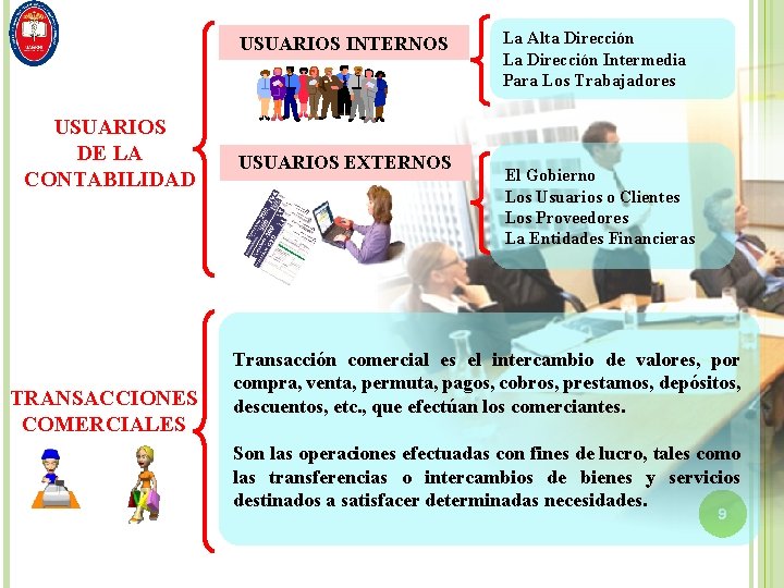 USUARIOS INTERNOS USUARIOS DE LA CONTABILIDAD TRANSACCIONES COMERCIALES USUARIOS EXTERNOS La Alta Dirección La