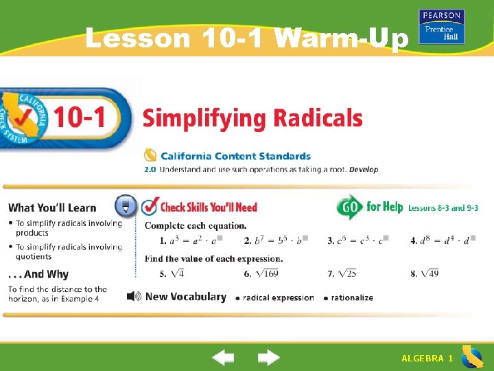 Lesson 10 -1 Warm-Up ALGEBRA 1 