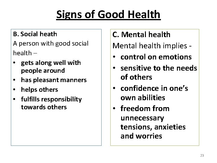 Signs of Good Health B. Social heath A person with good social health –