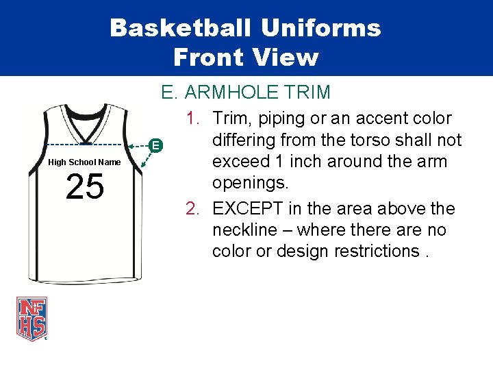 Basketball Uniforms Front View E. ARMHOLE TRIM E High School Name 25 1. Trim,