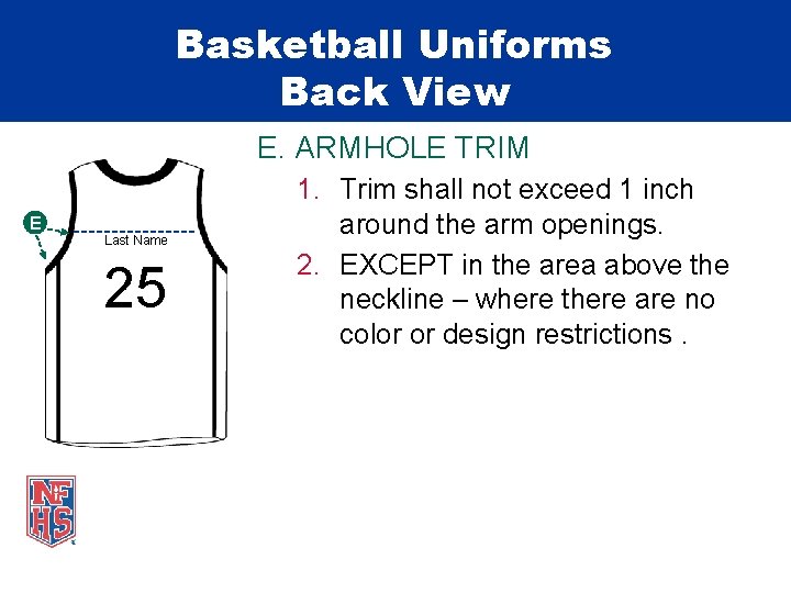 Basketball Uniforms Back View E. ARMHOLE TRIM E Last Name 25 1. Trim shall