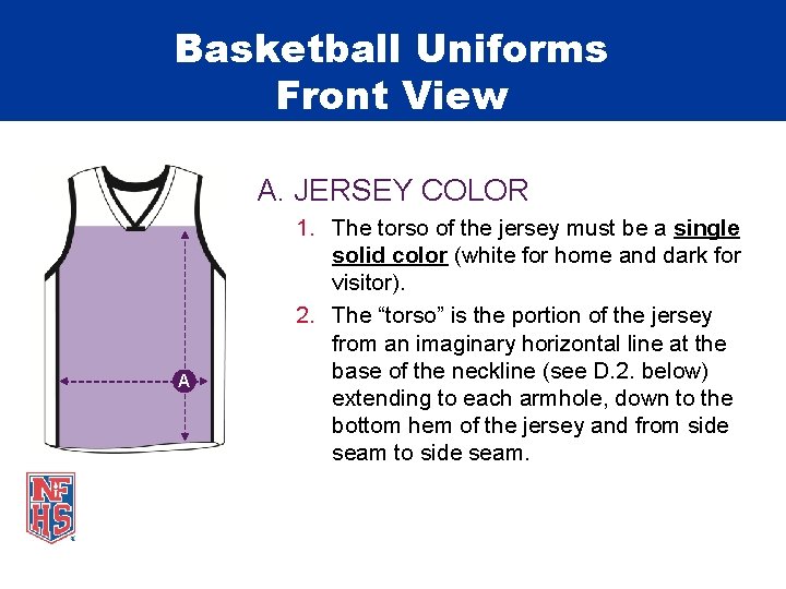 Basketball Uniforms Front View A. JERSEY COLOR A 1. The torso of the jersey