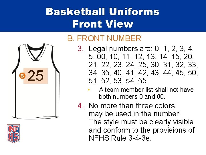 Basketball Uniforms Front View B. FRONT NUMBER B 25 3. Legal numbers are: 0,