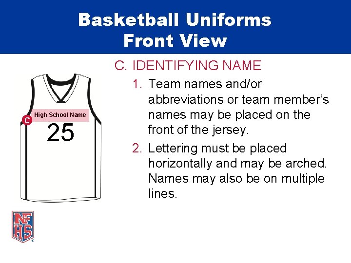 Basketball Uniforms Front View C. IDENTIFYING NAME C High School Name 25 1. Team