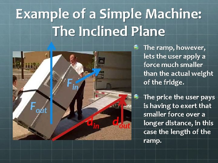 Example of a Simple Machine: The Inclined Plane The ramp, however, lets the user