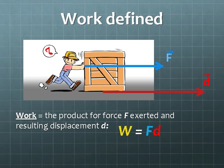 Work defined F d Work = the product force F exerted and resulting displacement