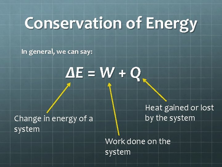 Conservation of Energy In general, we can say: ΔE = W + Q Change