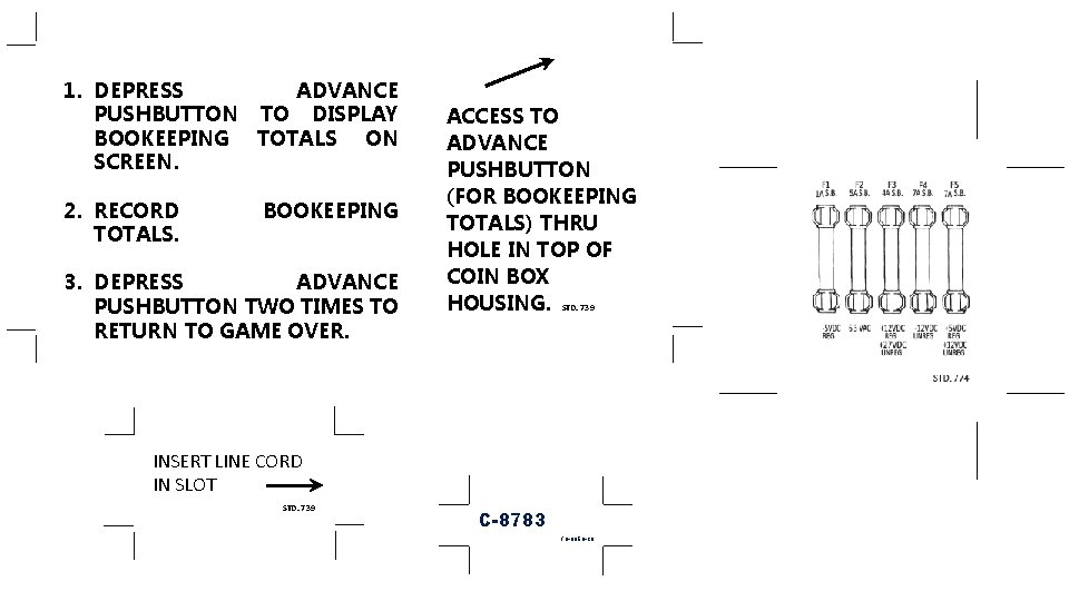 1. DEPRESS ADVANCE PUSHBUTTON TO DISPLAY BOOKEEPING TOTALS ON SCREEN. 2. RECORD TOTALS. BOOKEEPING