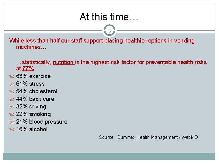 At this time… 9 While less than half our staff support placing healthier options