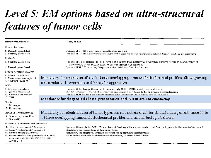Level 5: EM options based on ultra-structural features of tumor cells Mandatory for separation