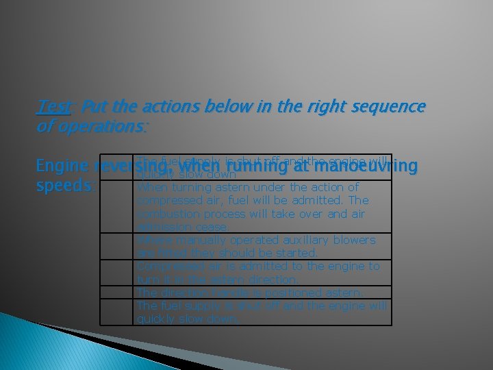 Test: Put the actions below in the right sequence of operations: The fuel supply Test: Put the actions below in the right sequence of operations: The fuel supply