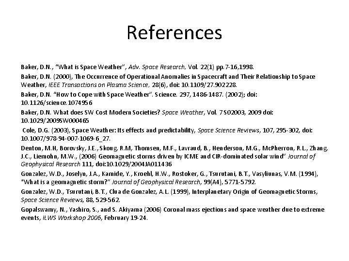 References Baker, D. N. , “What is Space Weather”, Adv. Space Research, Vol. 22(1)