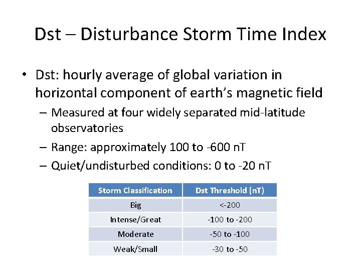 Dst – Disturbance Storm Time Index • Dst: hourly average of global variation in