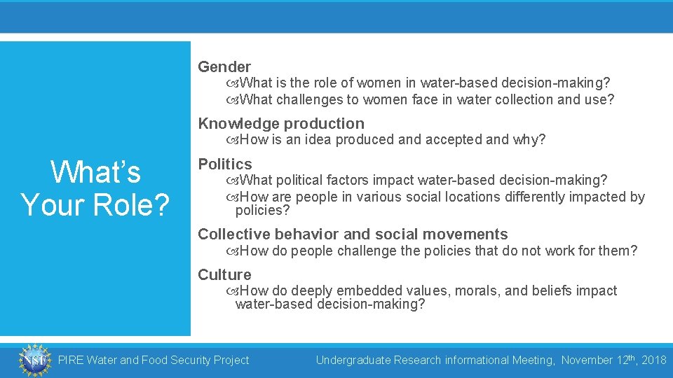 Gender What is the role of women in water-based decision-making? What challenges to women