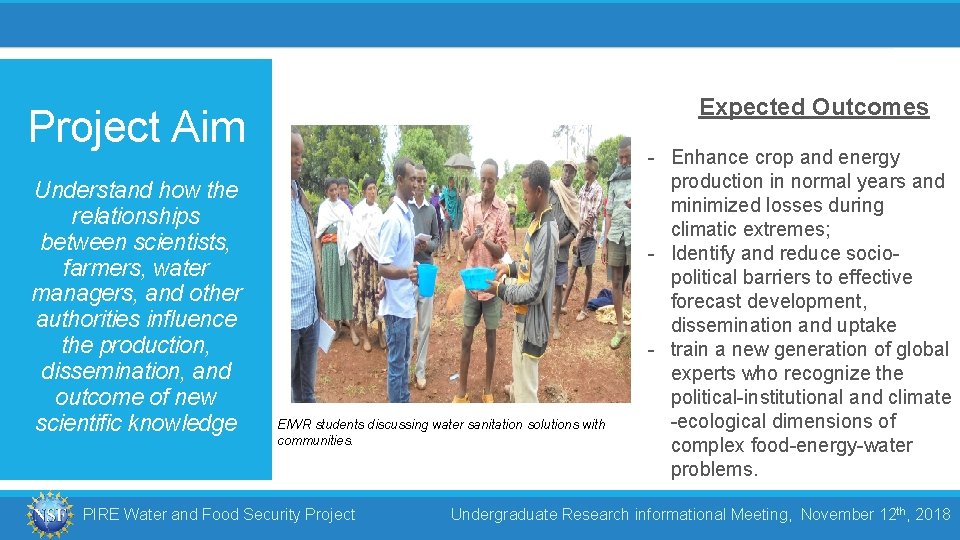 Expected Outcomes Project Aim Understand how the relationships between scientists, farmers, water managers, and