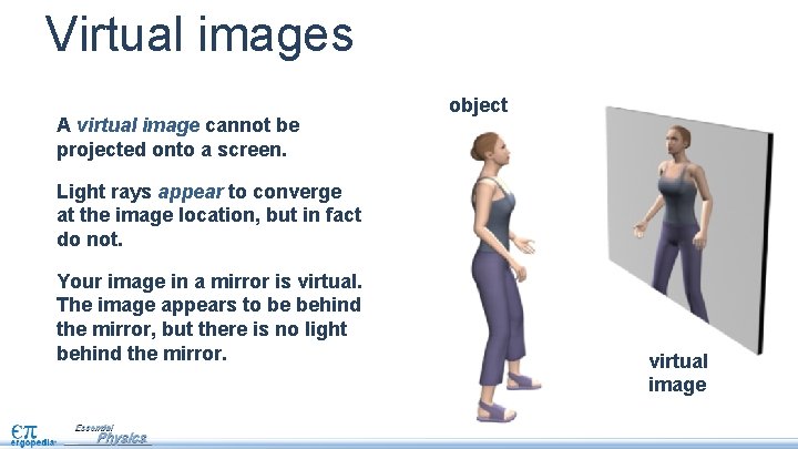 Virtual images A virtual image cannot be projected onto a screen. object Light rays