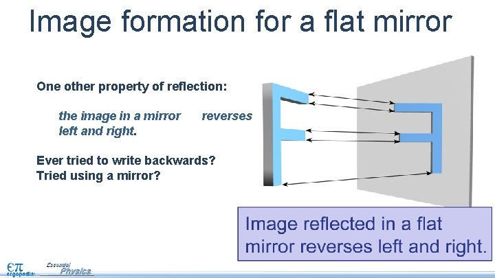 Image formation for a flat mirror One other property of reflection: the image in
