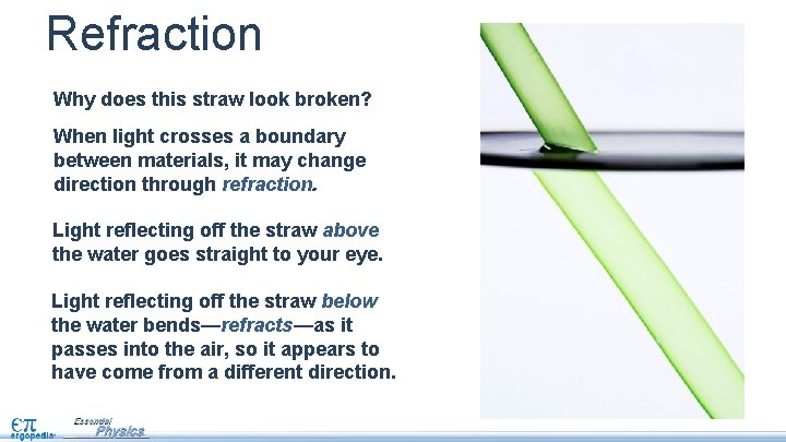 Refraction Why does this straw look broken? When light crosses a boundary between materials,