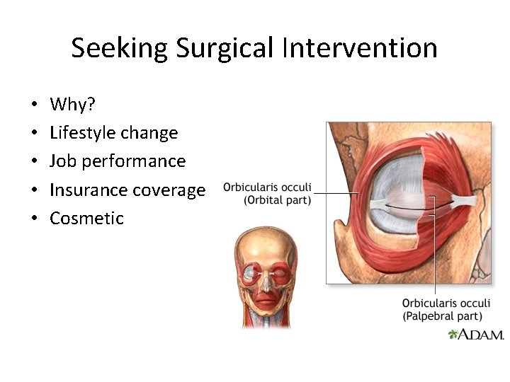 Seeking Surgical Intervention • • • Why? Lifestyle change Job performance Insurance coverage Cosmetic