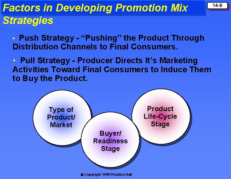 Factors in Developing Promotion Mix Strategies • Push Strategy - “Pushing” the Product Through