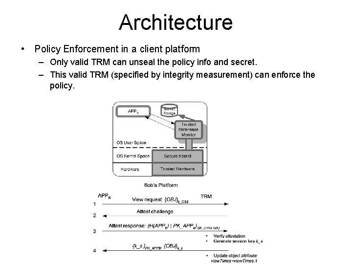 Architecture • Policy Enforcement in a client platform – Only valid TRM can unseal