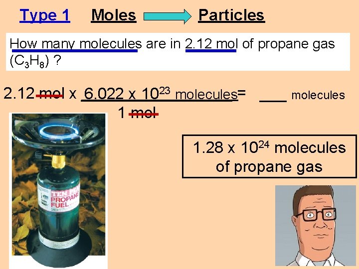 Type 1 Moles Particles How many molecules are in 2. 12 mol of propane