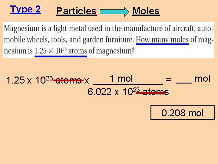 Type 2 Particles Moles 1 mol = ___ mol 1. 25 x 1023 atoms