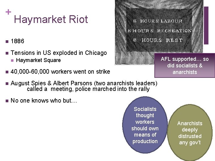 + Haymarket Riot n 1886 n Tensions in US exploded in Chicago n AFL