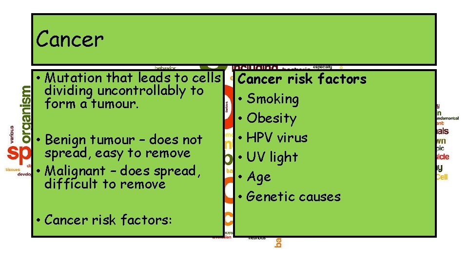 Cancer • Mutation that leads to cells dividing uncontrollably to form a tumour. •