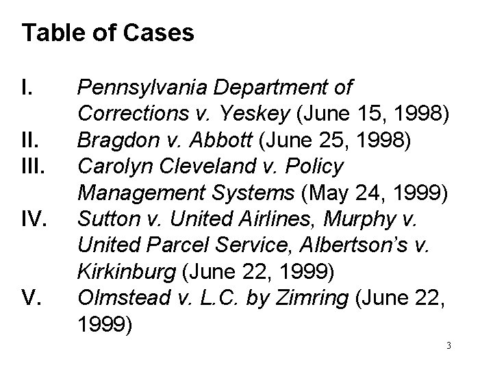 Table of Cases I. III. IV. V. Pennsylvania Department of Corrections v. Yeskey (June