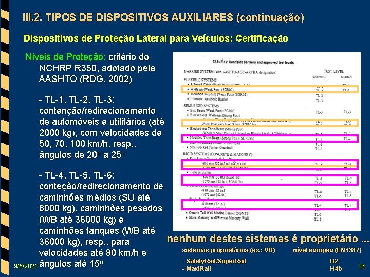 III. 2. TIPOS DE DISPOSITIVOS AUXILIARES (continuação) Dispositivos de Proteção Lateral para Veículos: Certificação