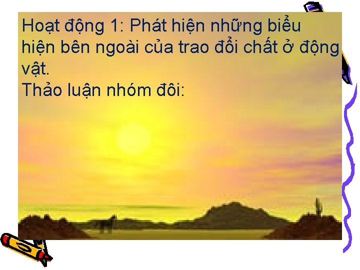 Hoạt động 1: Phát hiện những biểu hiện bên ngoài của trao đổi chất