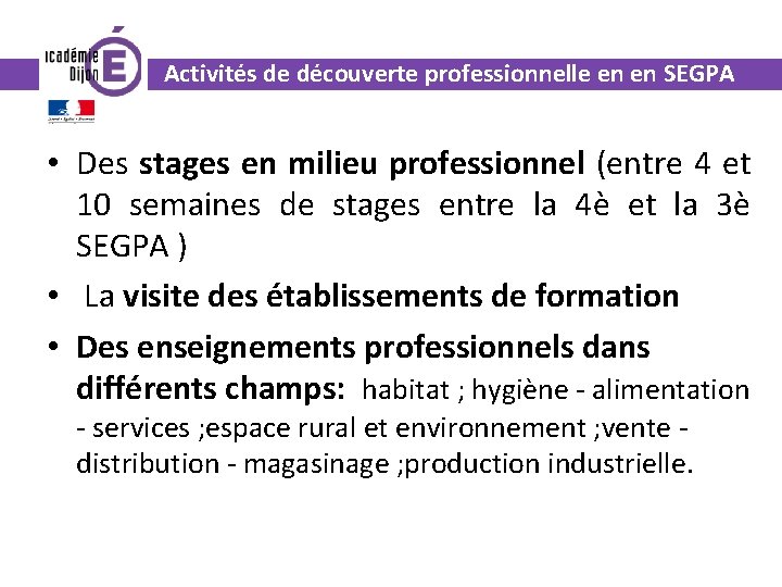 Activités de découverte professionnelle en en SEGPA • Des stages en milieu professionnel (entre