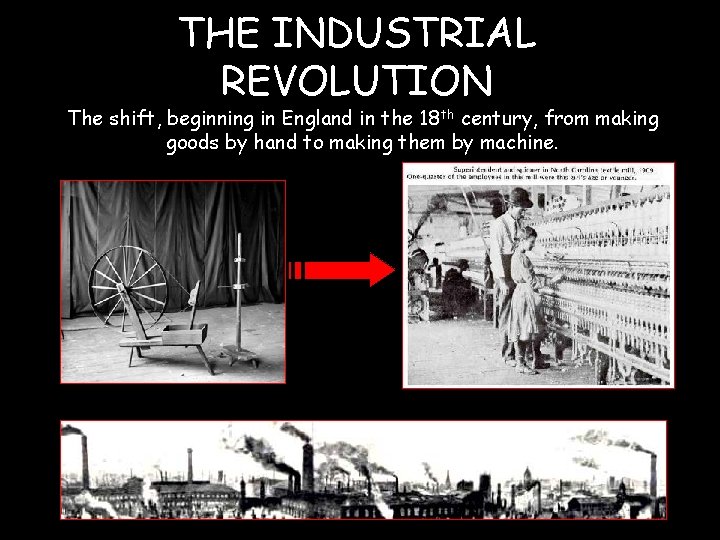 THE INDUSTRIAL REVOLUTION The shift, beginning in England in the 18 th century, from THE INDUSTRIAL REVOLUTION The shift, beginning in England in the 18 th century, from
