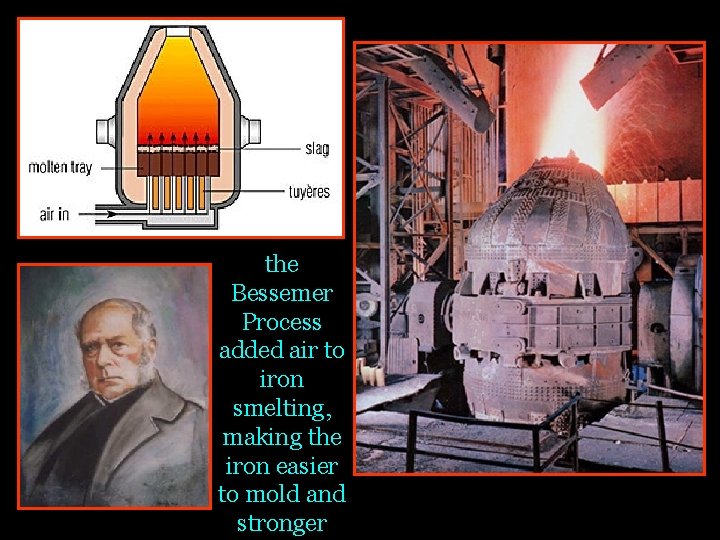 the Bessemer Process added air to iron smelting, making the iron easier to mold the Bessemer Process added air to iron smelting, making the iron easier to mold