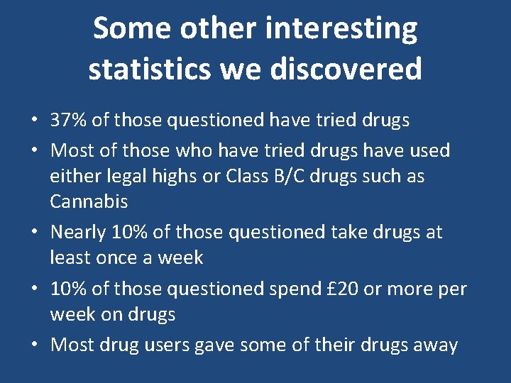 Some other interesting statistics we discovered • 37% of those questioned have tried drugs