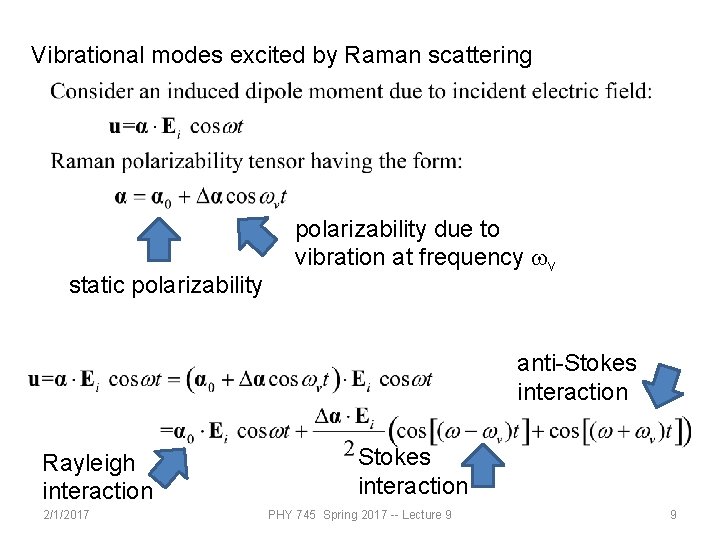 Vibrational modes excited by Raman scattering static polarizability due to vibration at frequency wv