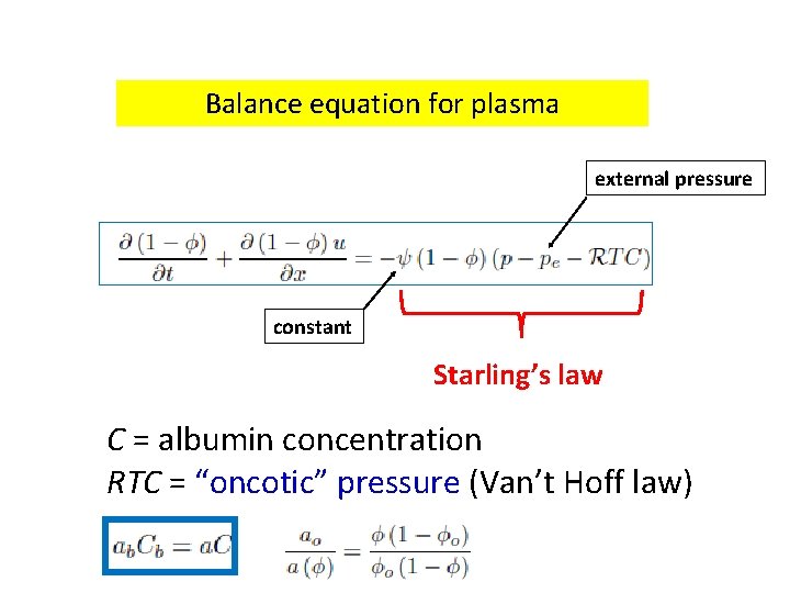 Balance equation for plasma external pressure constant Starling’s law C = albumin concentration RTC