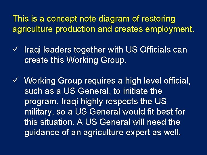 This is a concept note diagram of restoring agriculture production and creates employment. ü