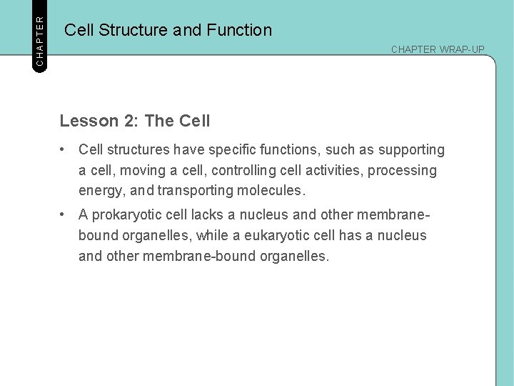 CHAPTER Cell Structure and Function CHAPTER WRAP-UP Lesson 2: The Cell • Cell structures CHAPTER Cell Structure and Function CHAPTER WRAP-UP Lesson 2: The Cell • Cell structures
