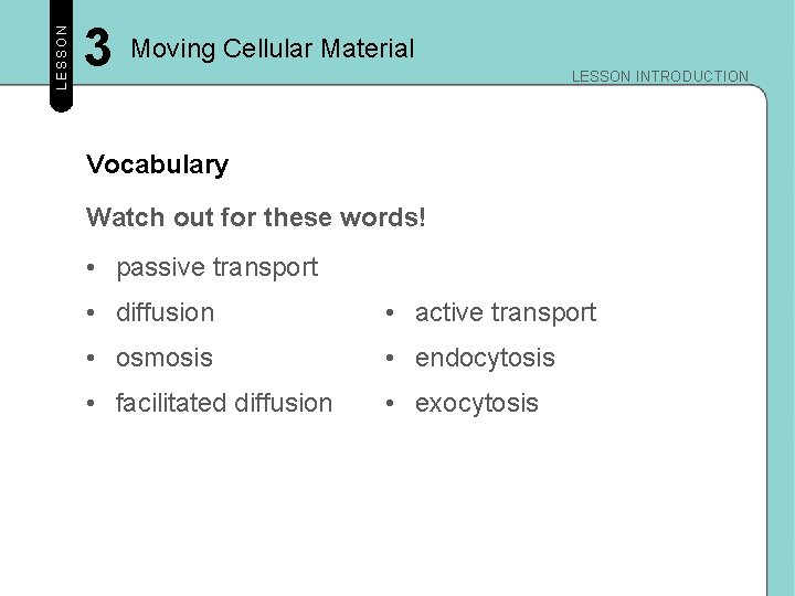 LESSON 3 Moving Cellular Material LESSON INTRODUCTION Vocabulary Watch out for these words! • LESSON 3 Moving Cellular Material LESSON INTRODUCTION Vocabulary Watch out for these words! •