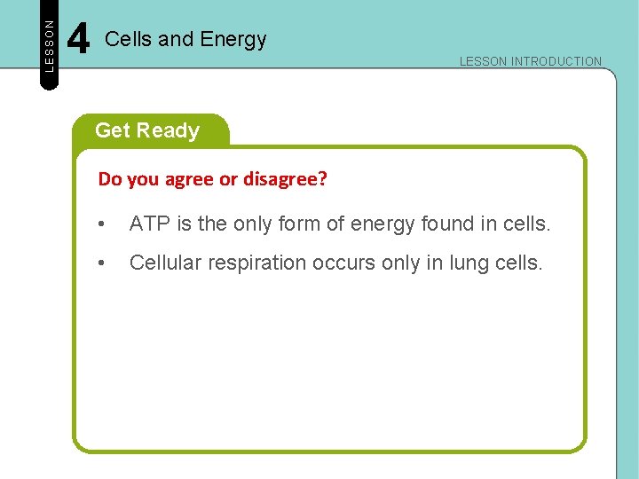 LESSON 4 Cells and Energy LESSON INTRODUCTION Get Ready Do you agree or disagree? LESSON 4 Cells and Energy LESSON INTRODUCTION Get Ready Do you agree or disagree?