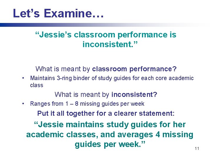 Let’s Examine… “Jessie’s classroom performance is inconsistent. ” What is meant by classroom performance?