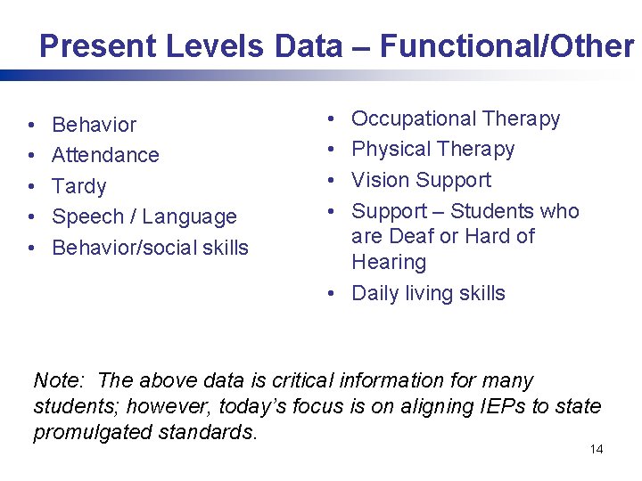 Present Levels Data – Functional/Other • • • Behavior Attendance Tardy Speech / Language