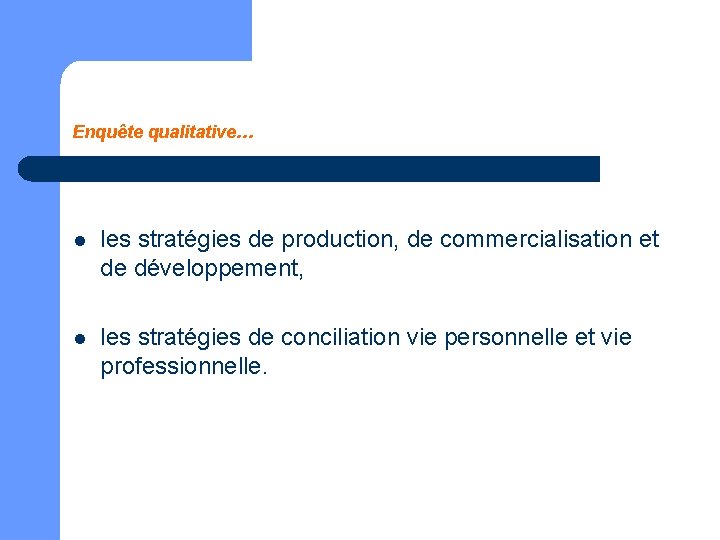 Enquête qualitative… l les stratégies de production, de commercialisation et de développement, l les